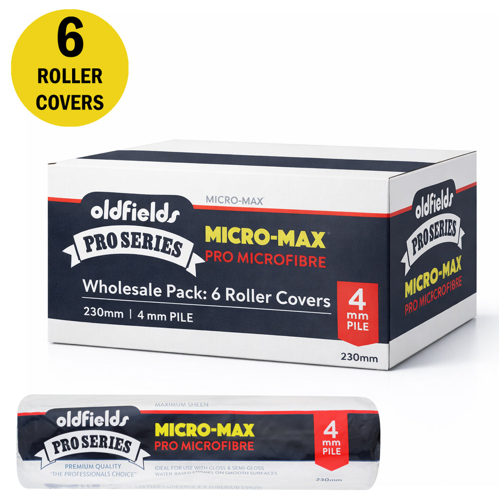 Bulk box of 6 Oldfields Micro-Max 230mm 4mm nap roller covers for professional cabinetry
