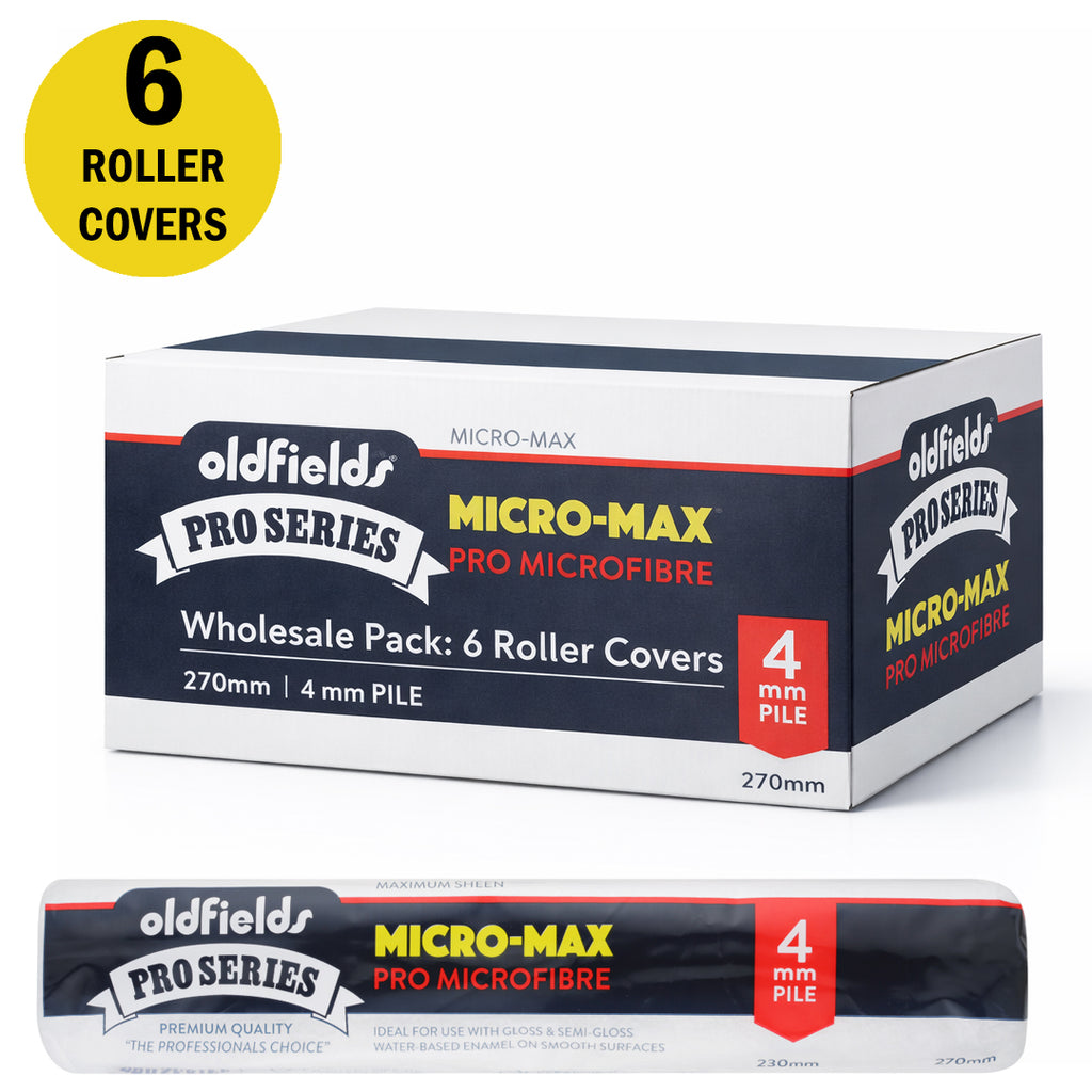 Trade pack of 6 Oldfields Micro-Max 270mm 4mm nap roller covers for high-end trim work