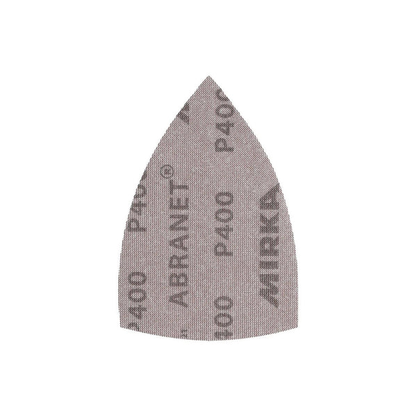 Close-up of triangular Mirka Abranet P400 mesh strip showing the dust-free net structure