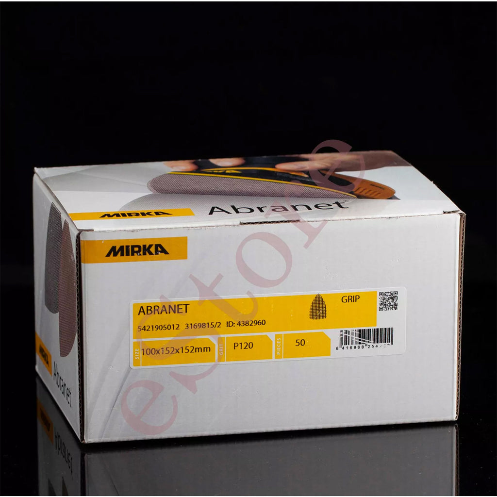 Retail box of 50 Mirka Abranet P120 grit delta mesh abrasives for trade use