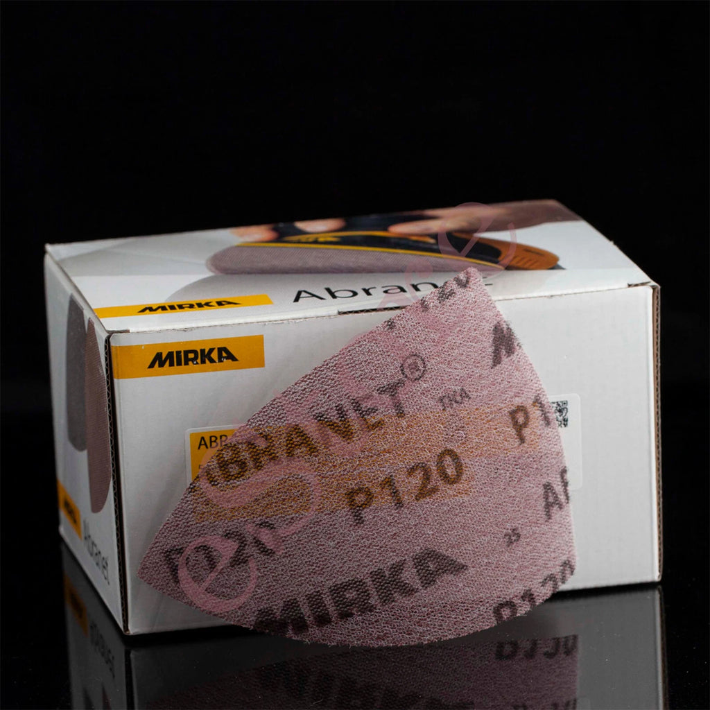 Close-up of Mirka Abranet P120 grit delta mesh strip with brownish aluminium oxide grain