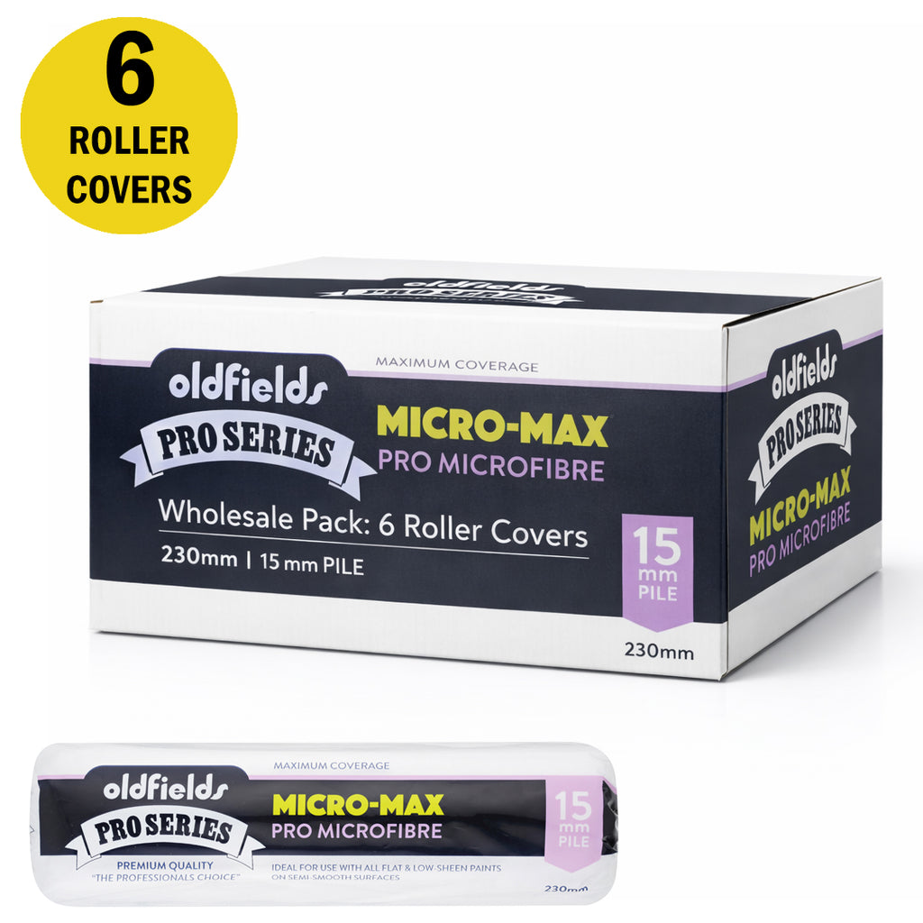 Bulk box of 6 Oldfields Micro-Max 230mm 15mm nap roller covers for masonry painting