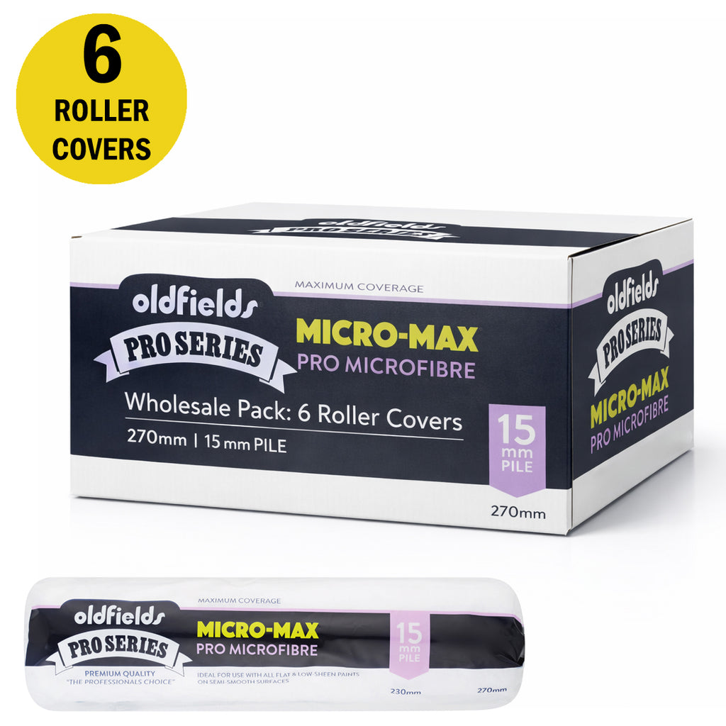 Trade pack of 6 Oldfields Micro-Max 270mm roller covers with 15mm nap for large surfaces