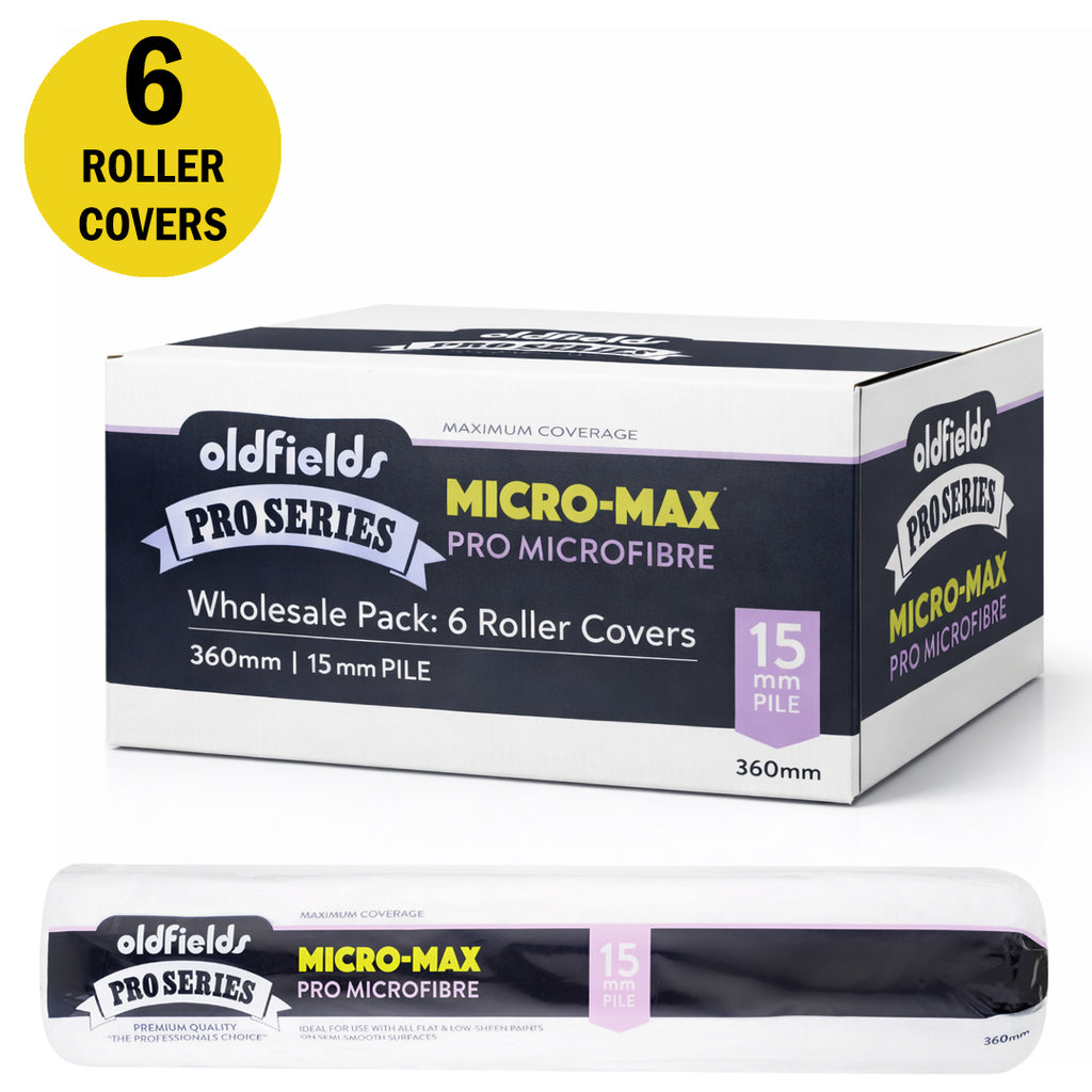 Bulk pack of 6 Oldfields Micro-Max 360mm 15mm nap roller covers for commercial trade