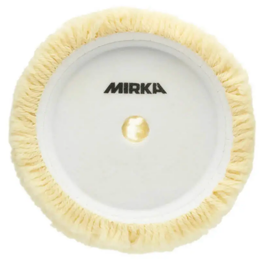 Rear view of the 150mm Mirka wool polishing pad showing the secure grip attachment