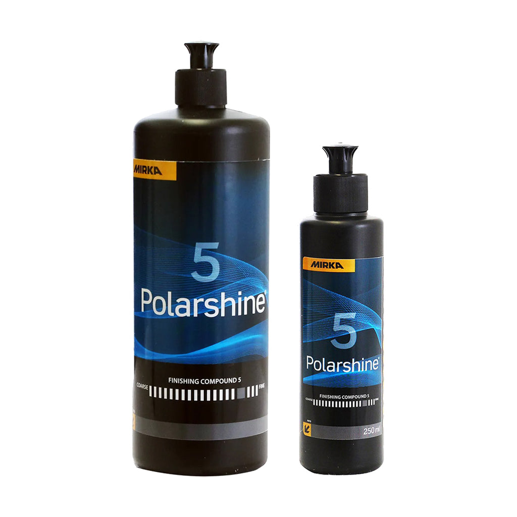 Mirka Polarshine 5 finishing compound in 250ml and 1-litre bottles for a showroom gloss finish