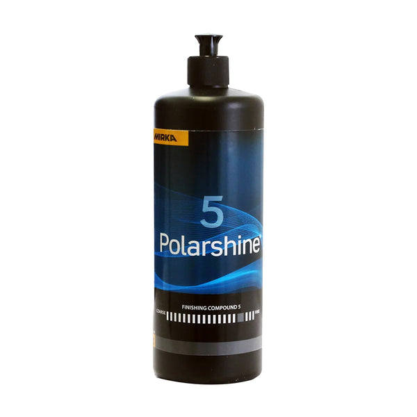 1-litre bottle of Mirka Polarshine 5 water-based finishing compound for paint refinement