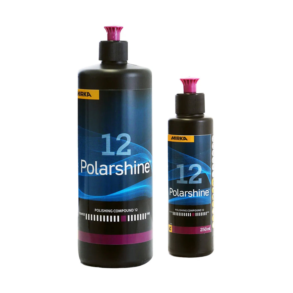 Mirka Polarshine 12 silicone-free compound in 250ml and 1L sizes for automotive detailing