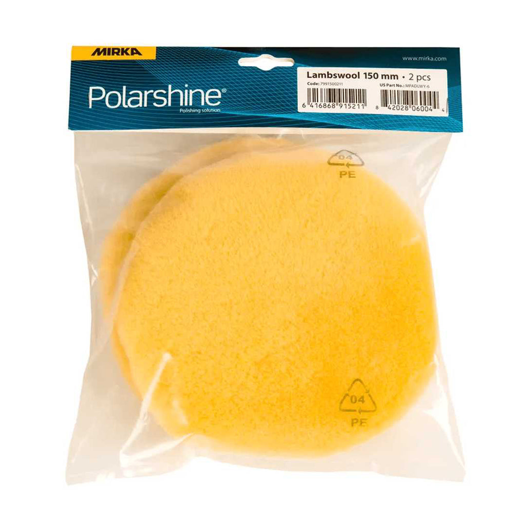 Pack of two Mirka Lambswool Pro 150mm pads for professional marine and timber polishing