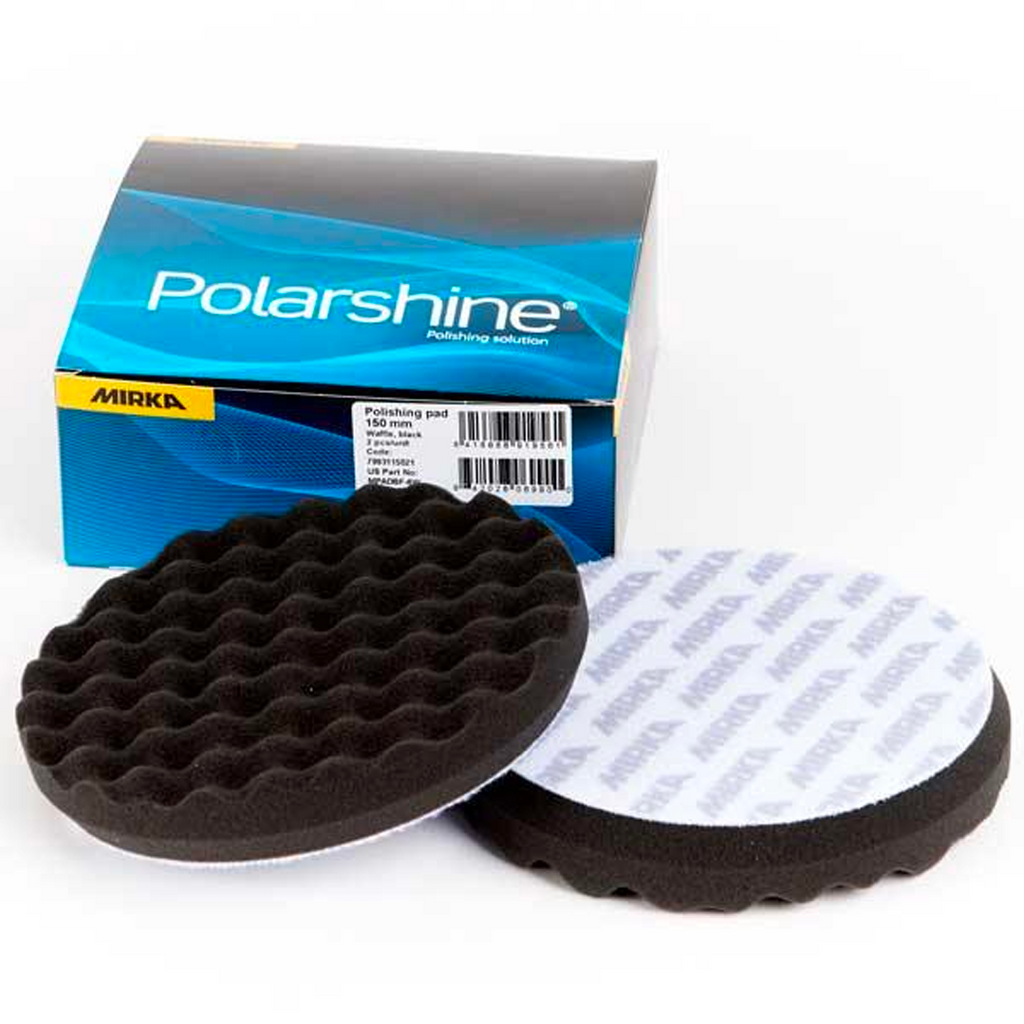 Pack of Mirka 150mm black waffle polishing pads for a high-gloss mirror finish