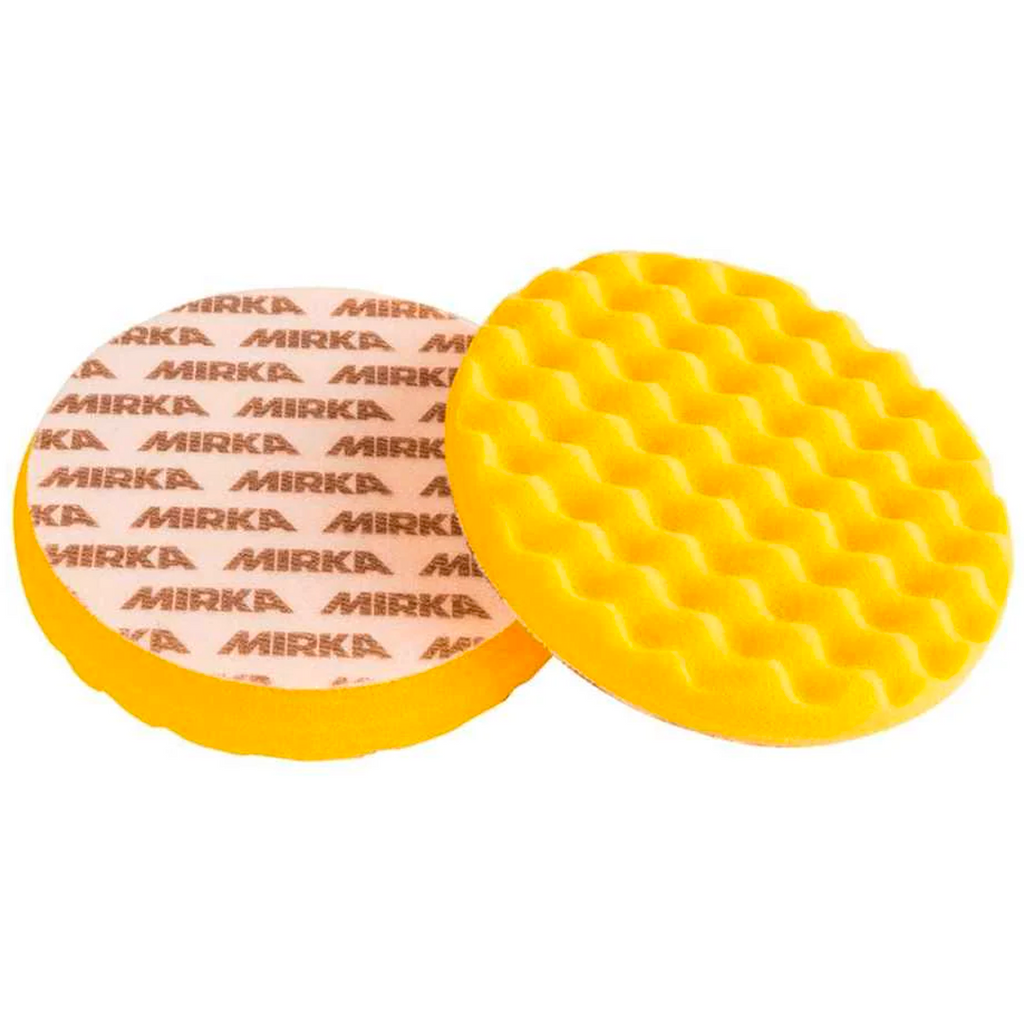 Pair of 150mm yellow waffle polishing pads with secure grip backing for trade use