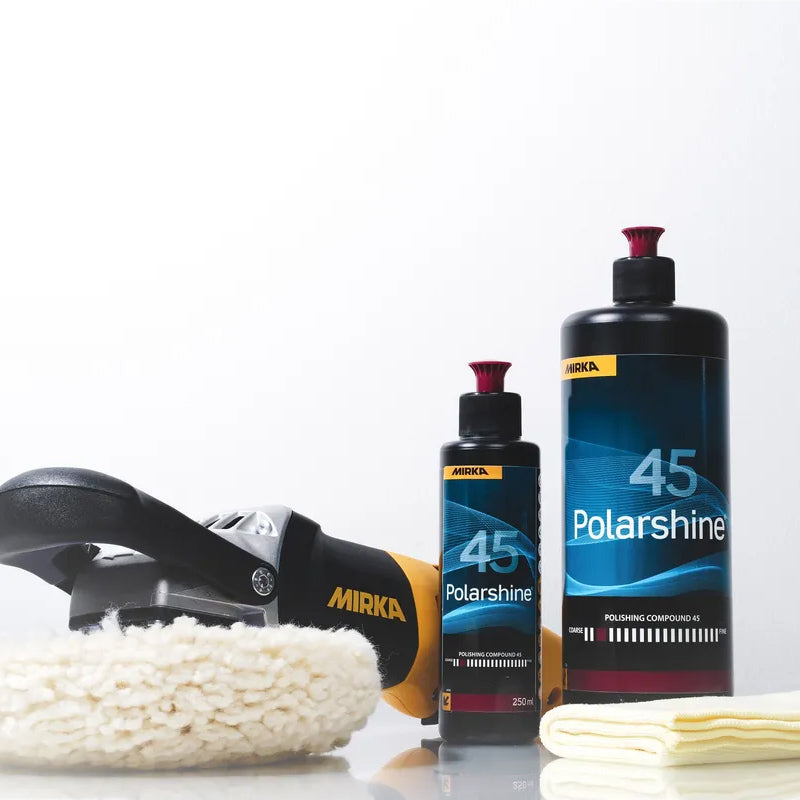 Mirka polishing kit featuring Polarshine 45, a rotary polisher, wool pad, and microfibre cloth