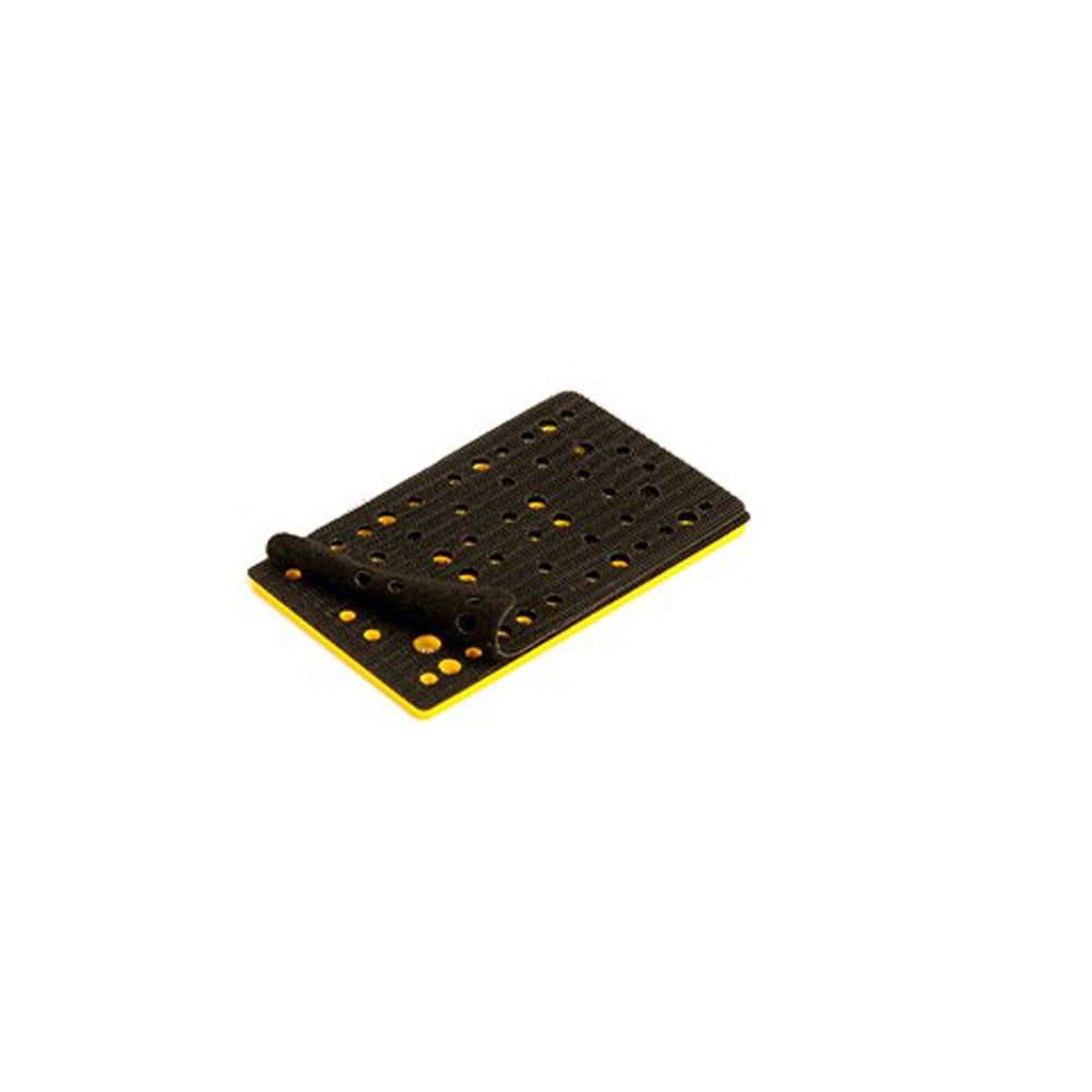 Mirka DEOS 81x133mm backing pad with a 46-hole pad saver being peeled back