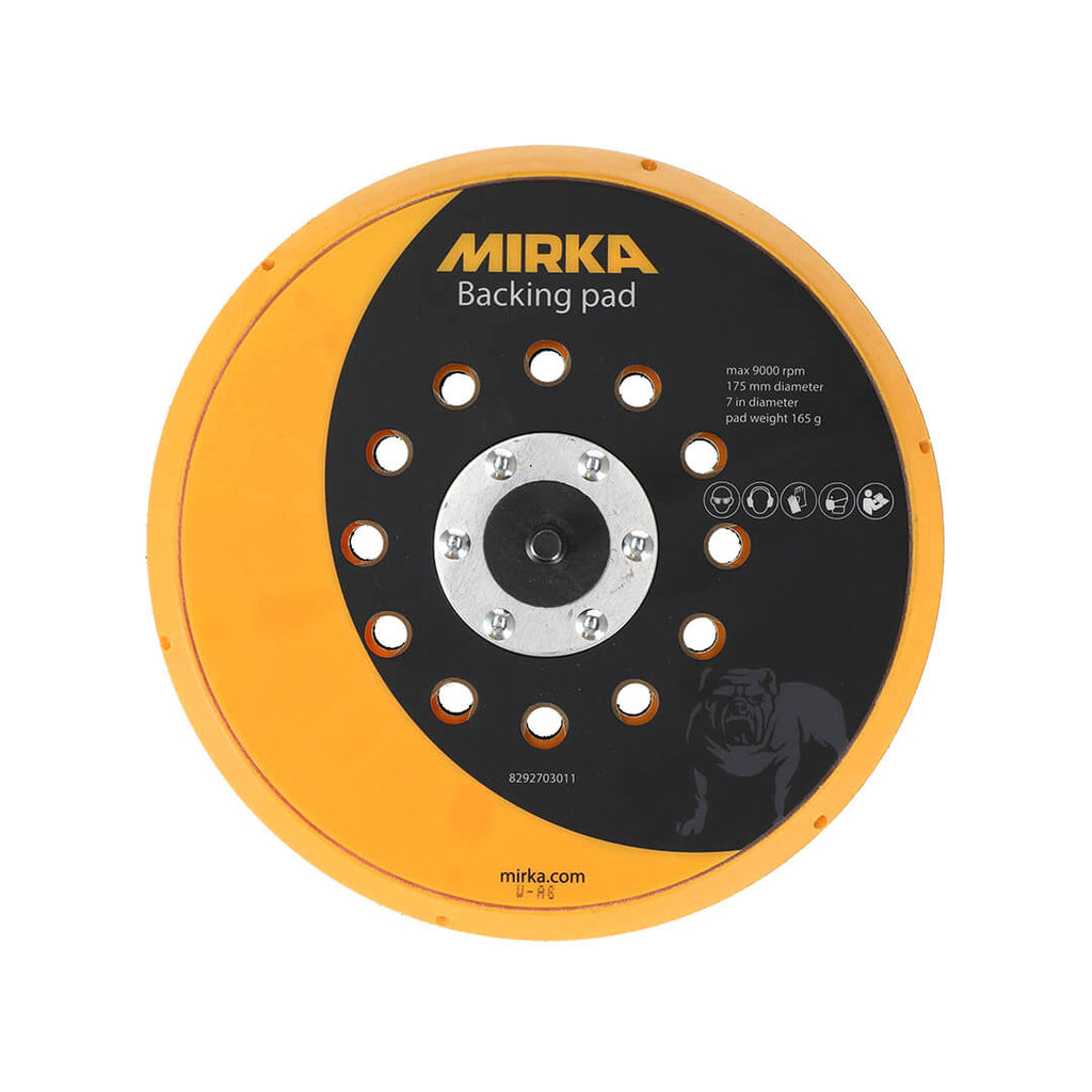 Top view of the Mirka 175mm M9 net backing pad showing the 37-hole dust extraction pattern