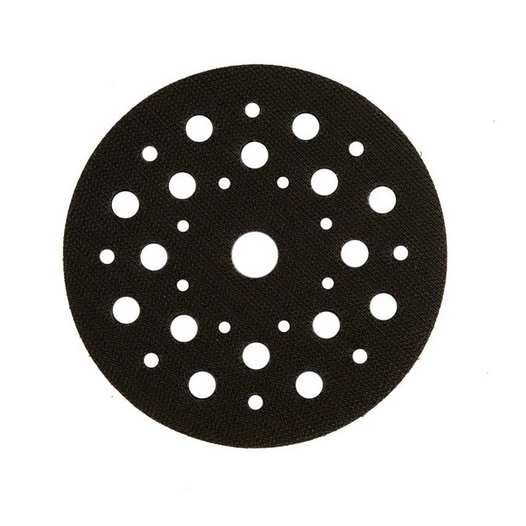 Top view of a black 125mm Mirka interface pad showing the 33-hole pattern