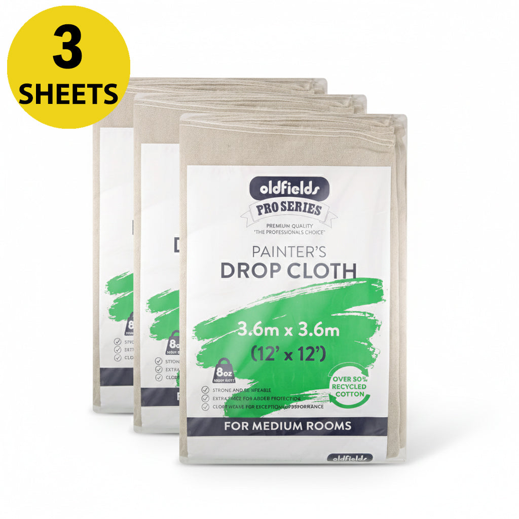 Bulk pack of 3 Oldfields Pro Series 3.6m x 3.6m drop cloths for medium-sized rooms