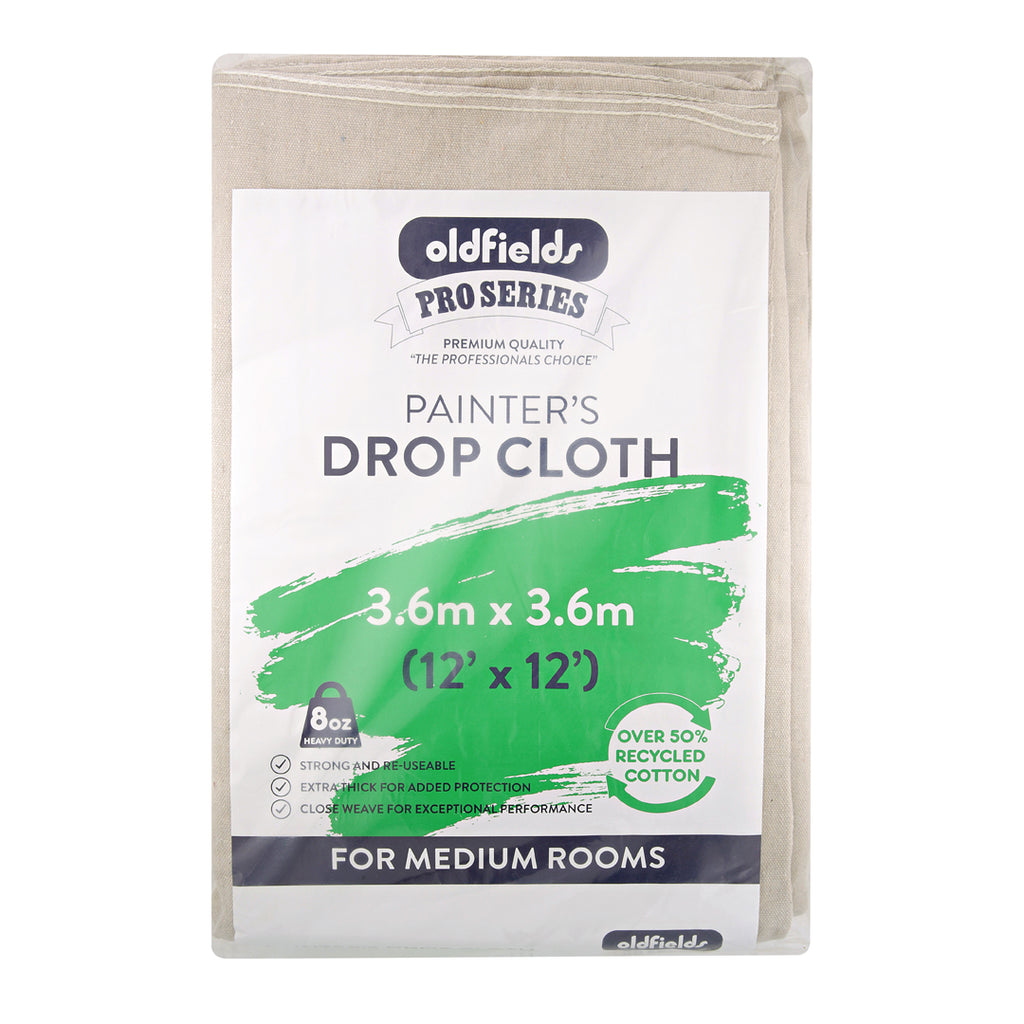 Oldfields Pro Series 3.6m x 3.6m painter's drop cloth for medium rooms, heavy-duty 8oz