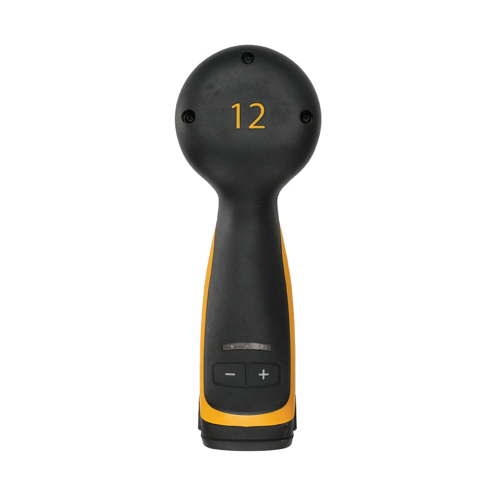 Top view of the Mirka AROP-B cordless polisher showing the speed adjustment buttons and 12mm orbit marker