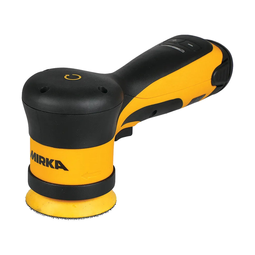 Side view of the ergonomic Mirka ARP-B cordless polisher showing variable speed trigger