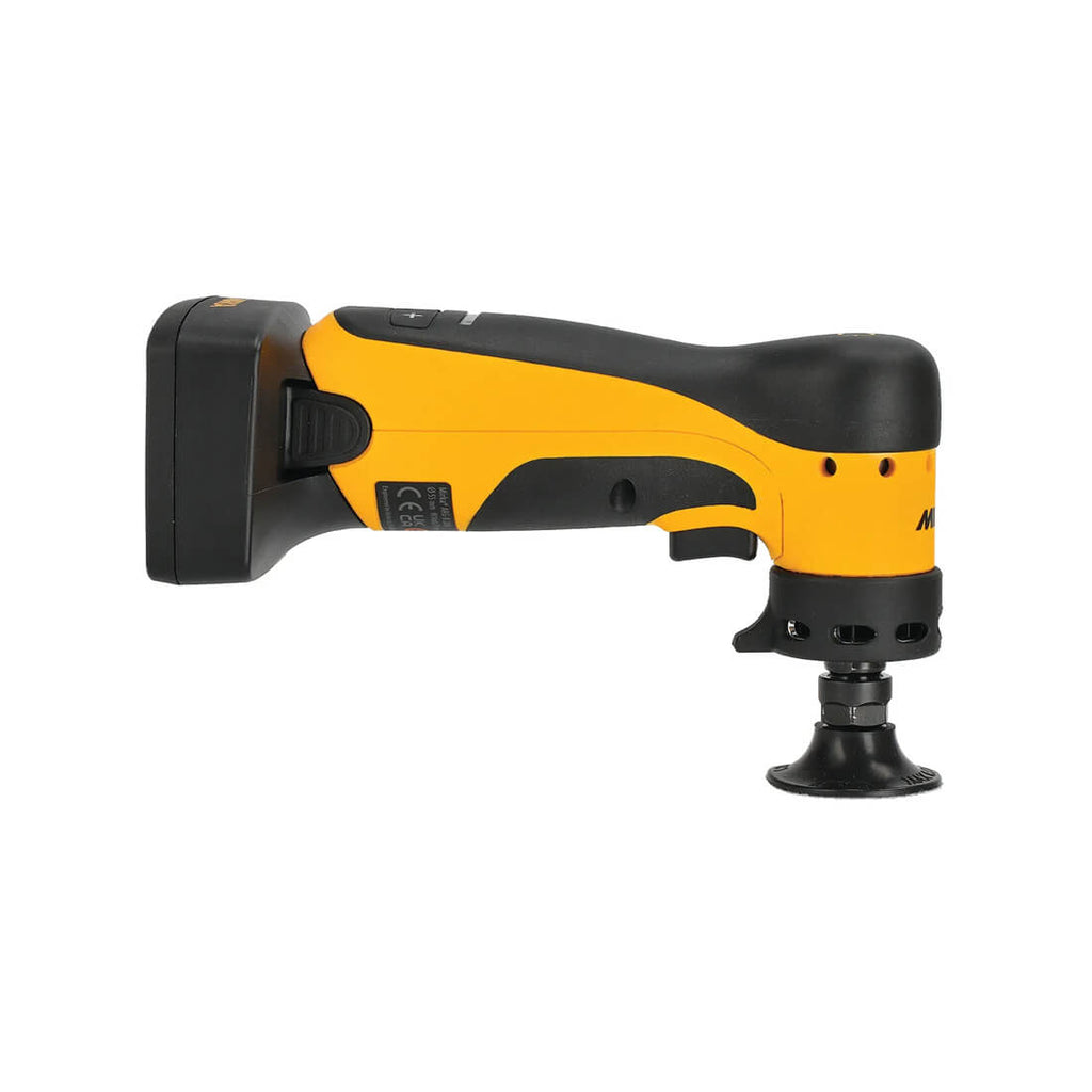 Side view of the ergonomic 10.8V Mirka ANGOS cordless rotary grinder for trade use