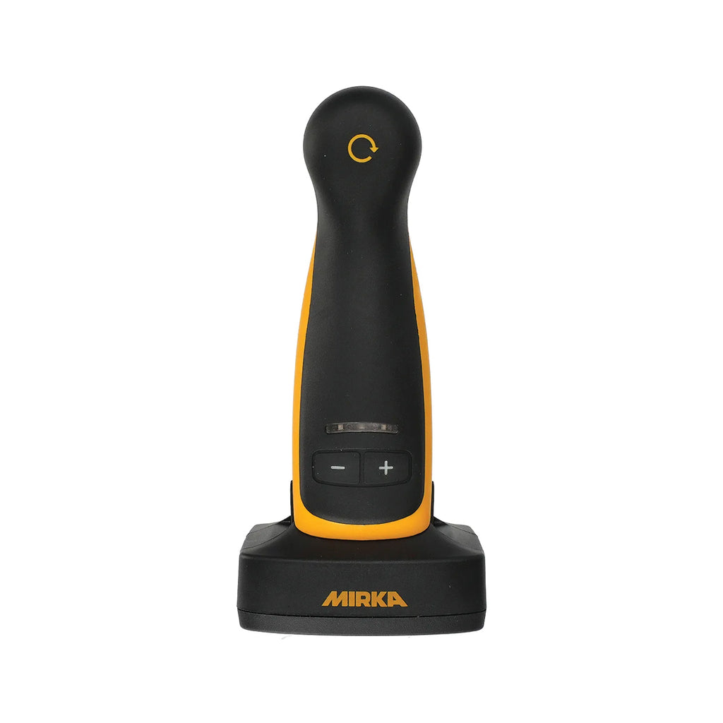 Top view of the Mirka ANGOS showing speed control buttons and Bluetooth indicator