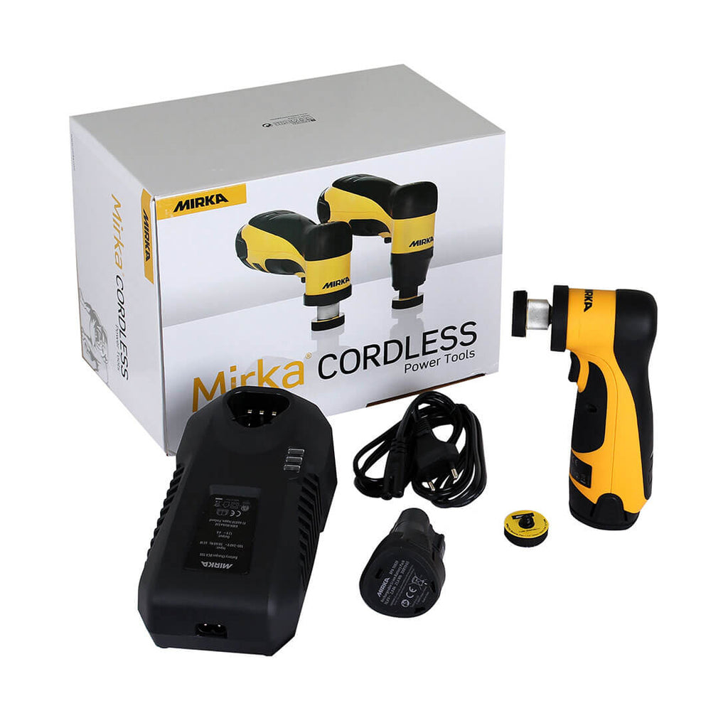 Mirka AROS-B 150NV cordless kit with 2.5Ah batteries, charger, and instructions