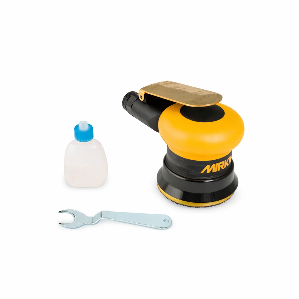 Mirka ROS 325NV pneumatic sander with a 77mm pad, lubricant, and adjustment wrench