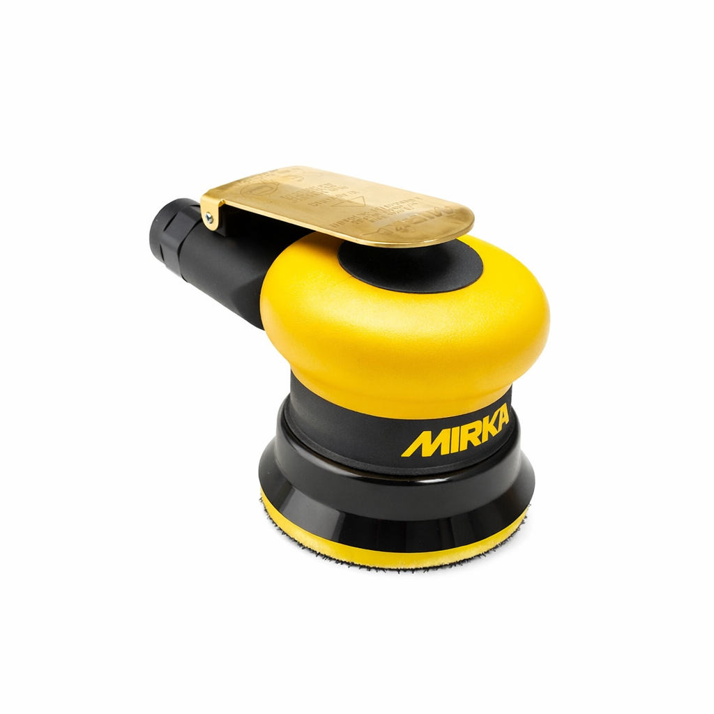 Ultra-lightweight 77mm Mirka pneumatic orbital sander with a 2.5mm orbit for fine finishing