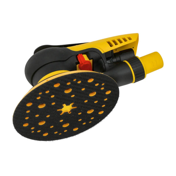 Underhead view of the Mirka PROS 650CV 150mm pneumatic sander showing the multi-hole backing pad