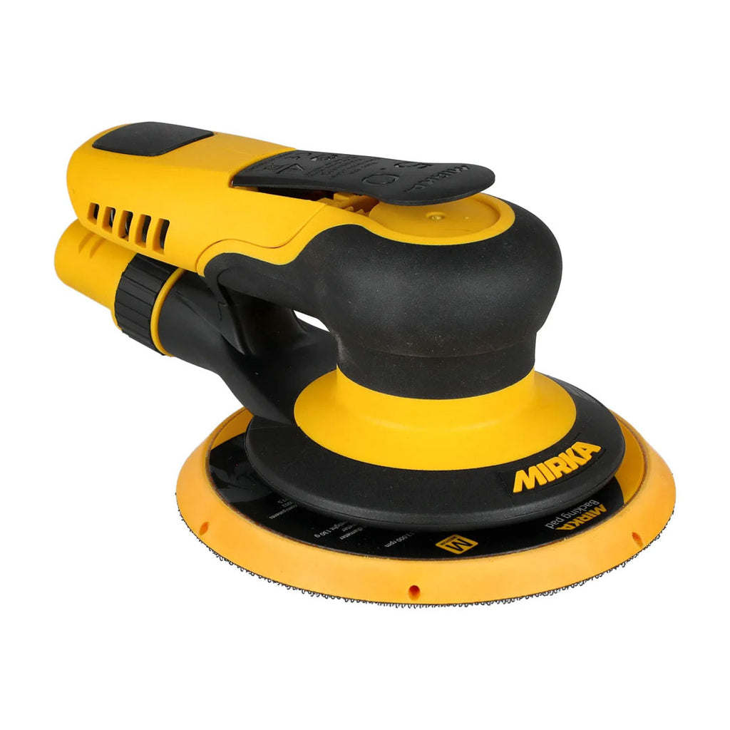 Perspective view of the ergonomic 150mm Mirka PROS pneumatic sander with a 5.0mm orbit