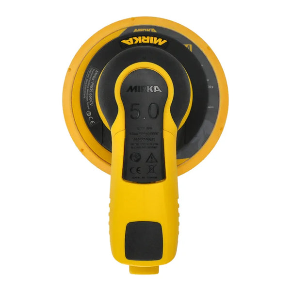 Top view of the Mirka PROS 650CV highlighting the 5.0mm orbit and integrated hand cover