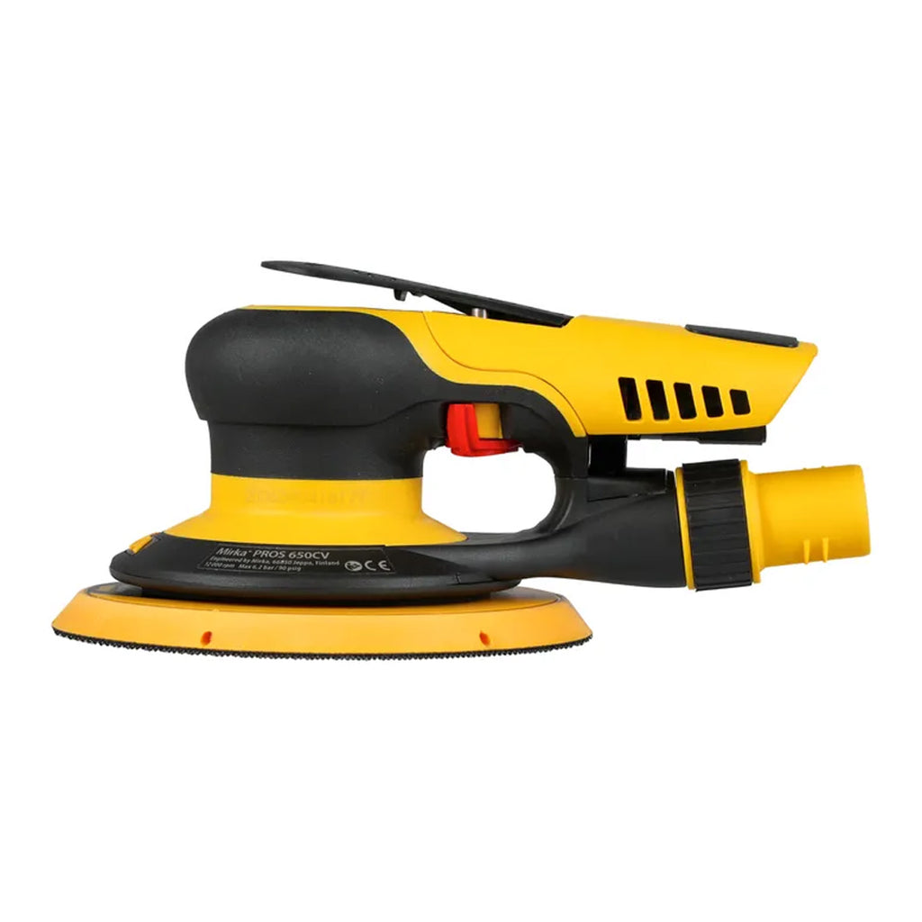 Side profile of the low-profile Mirka PROS 650CV pneumatic sander for industrial use