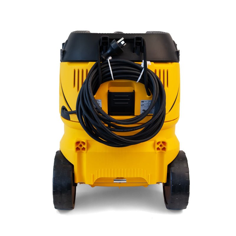 Rear view of the Mirka 1230 M AFC showing integrated power cable storage hooks