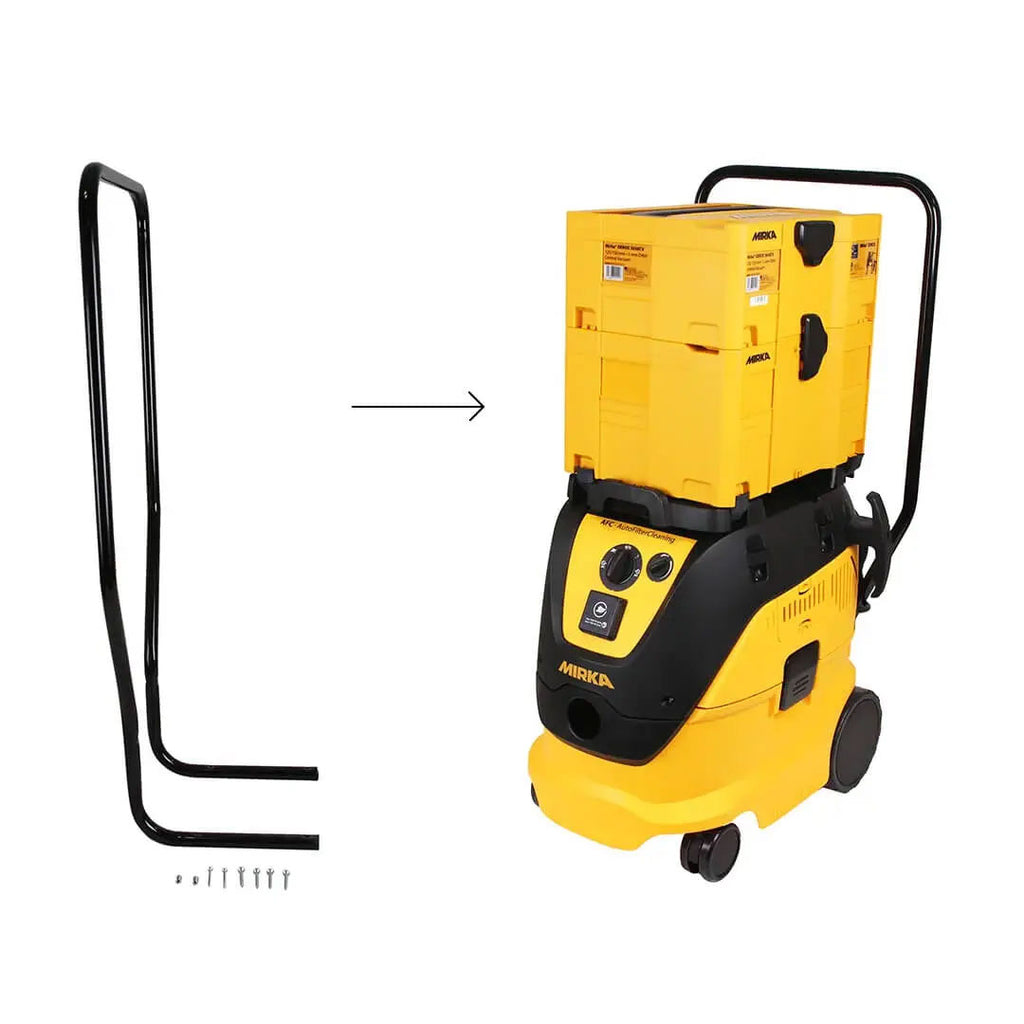 Installing the tall handle on a Mirka dust extractor for better job site mobility