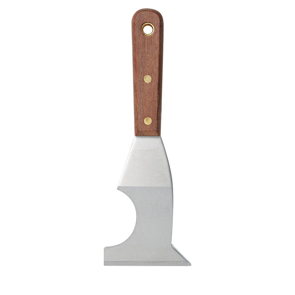 Clean stainless steel blade of Oldfields combination tool showing rivets and wood handle