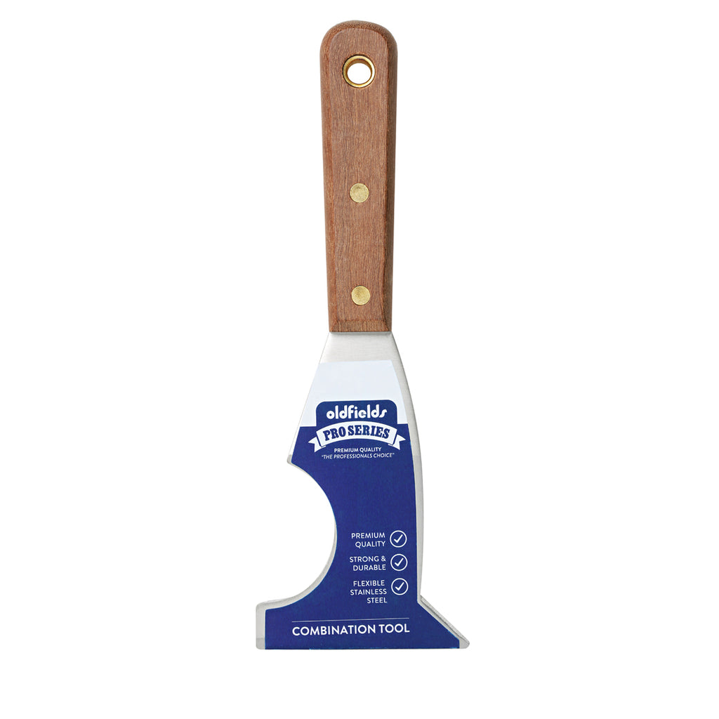 Oldfields Pro Series stainless steel combination tool with wood handle front view