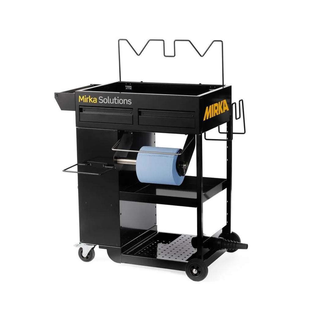 Black industrial Mirka workstation with paper towel holder and drawers for tool organisation