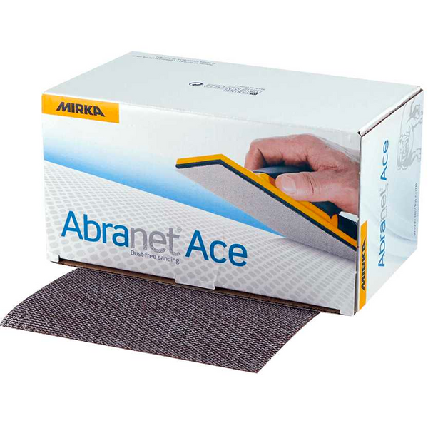 Dispenser box of Mirka Abranet Ace ceramic net sheets with a hand sanding block