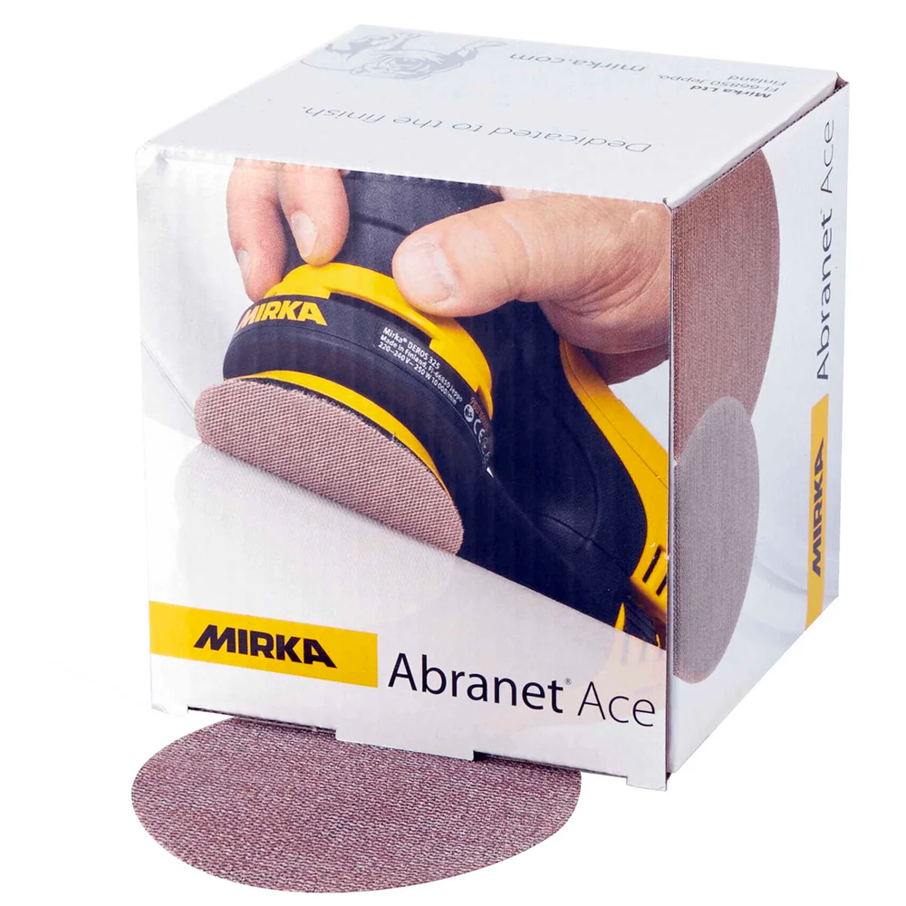 Dispenser box of genuine Mirka Abranet Ace 77mm ceramic net discs for professional use