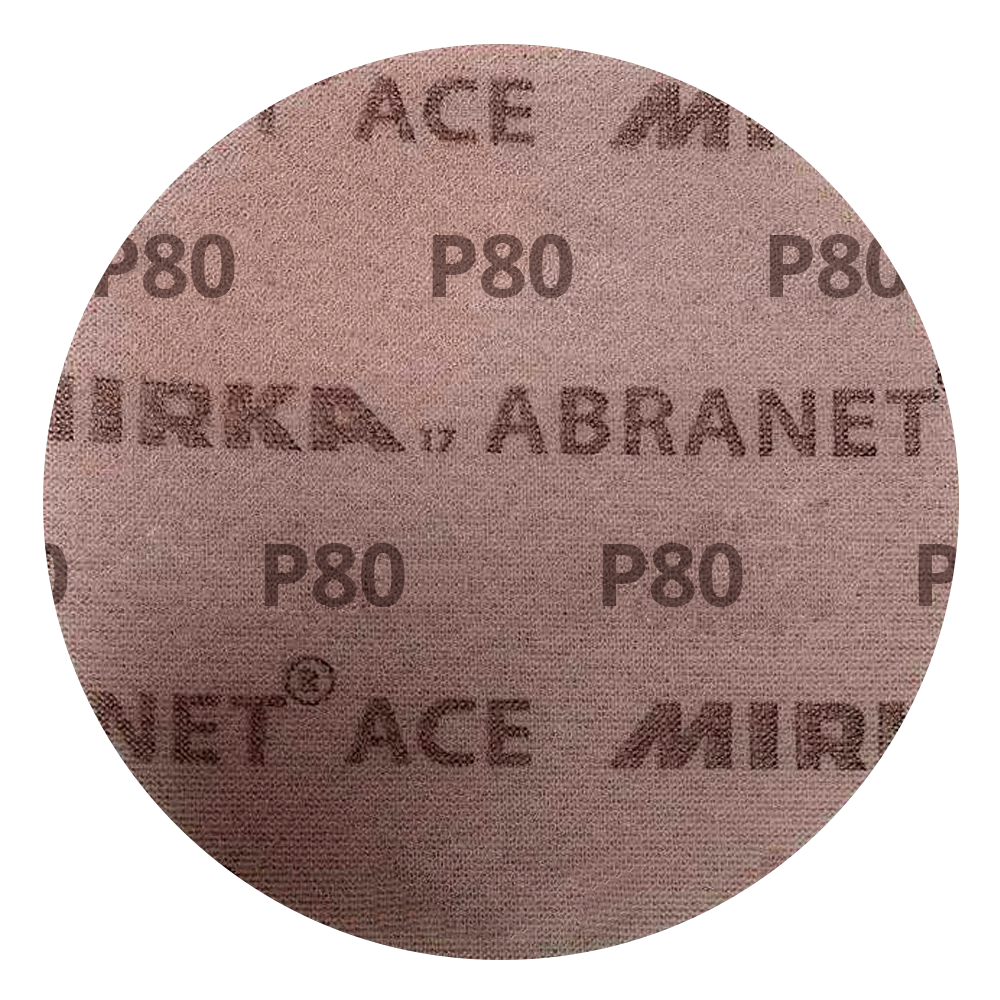 Close-up of the Mirka Abranet Ace P80 grit ceramic net abrasive surface