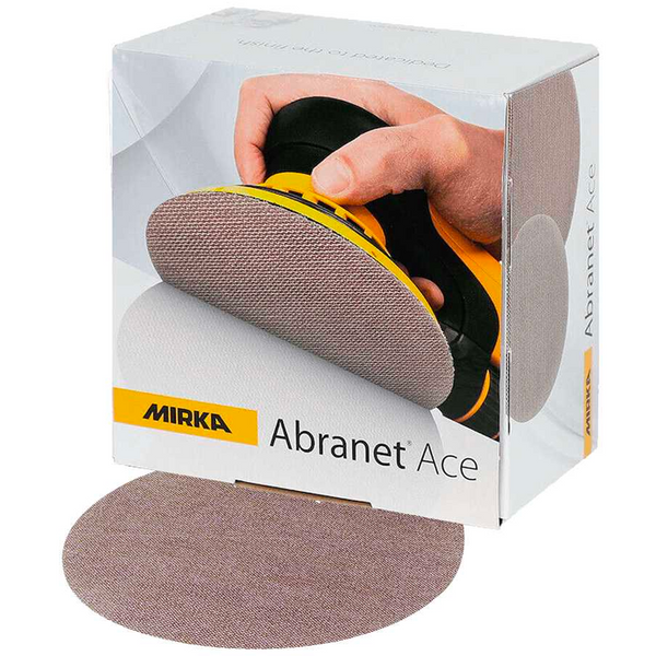 Mirka Abranet Ace 150mm professional discs with a DEROS sander and box