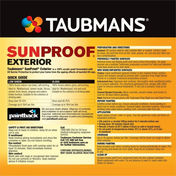 Taubmans Sunproof Low Sheen 15L Self Priming  113200/15L