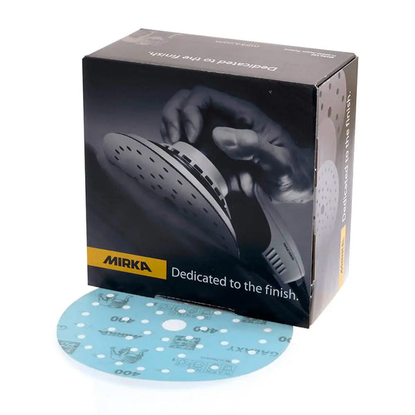 Mirka Galaxy 125mm professional ceramic disc pack with a DEROS sander on a workshop bench