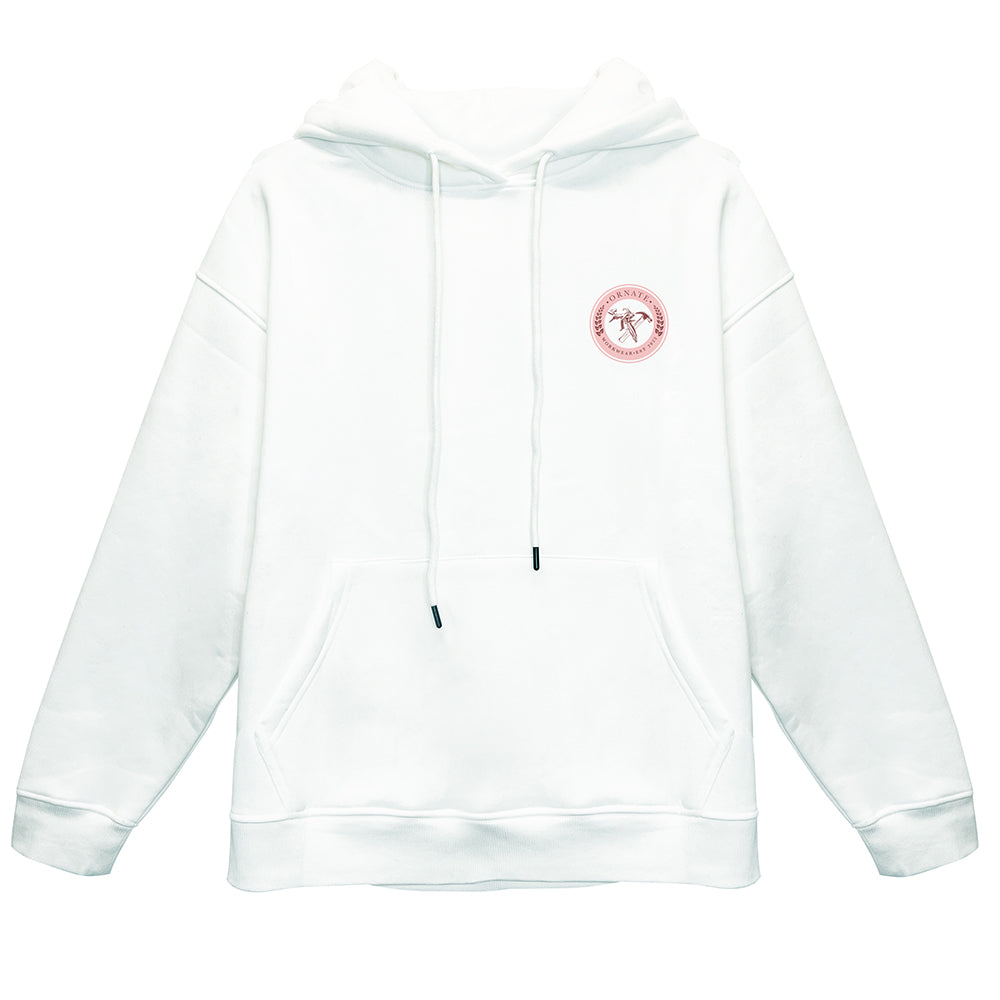 Ornate White Hoodie with Pink Logo