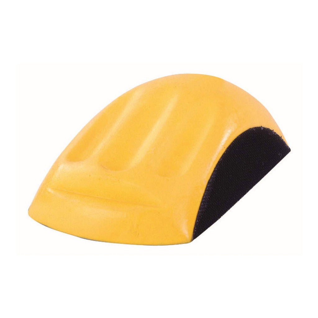 Ergonomic yellow Mirka Roundy hand block for 150mm discs with velcro attachment base