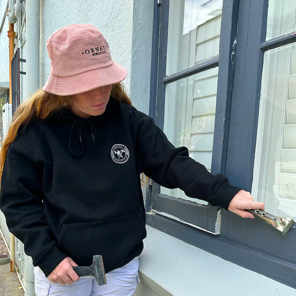 Ornate White Hoodie with Pink Logo
