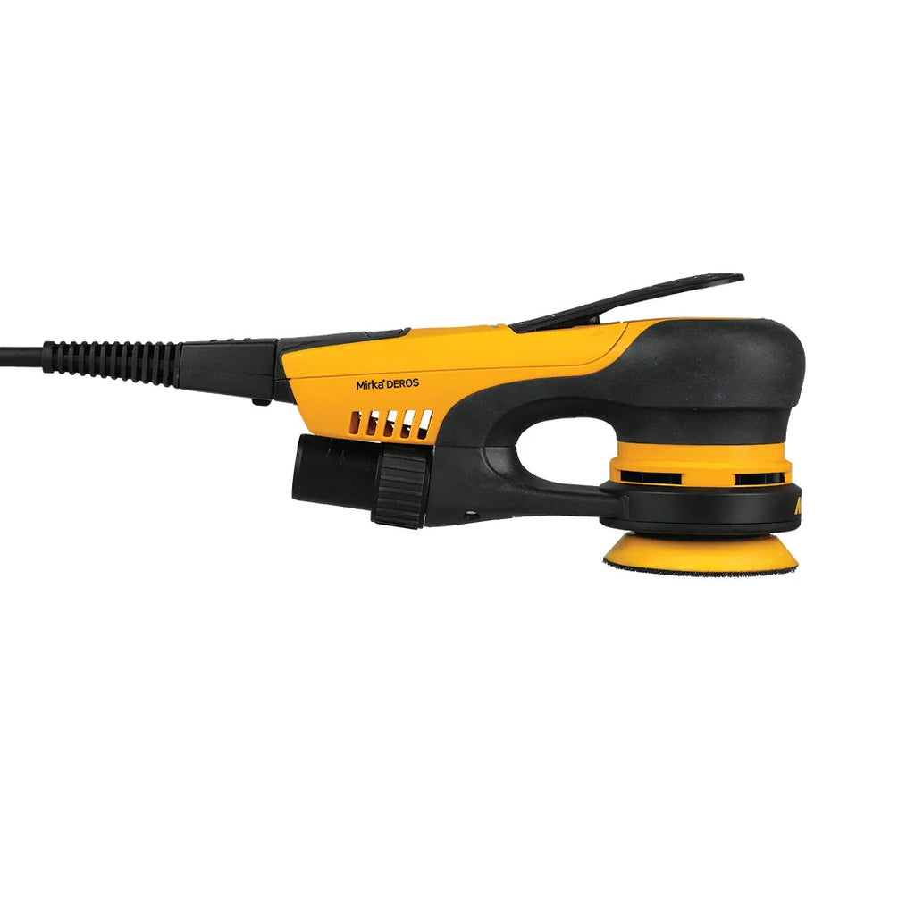 Side profile of the compact 77mm Mirka DEROS II electric sander with brushless motor