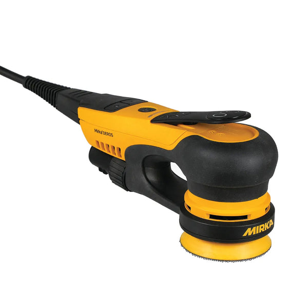 Perspective view of the lightweight 0.8kg Mirka DEROS II 350CV for precision trade use