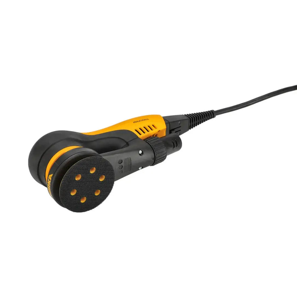 Underhead view showing the 6-hole 77mm backing pad on the Mirka DEROS II sander