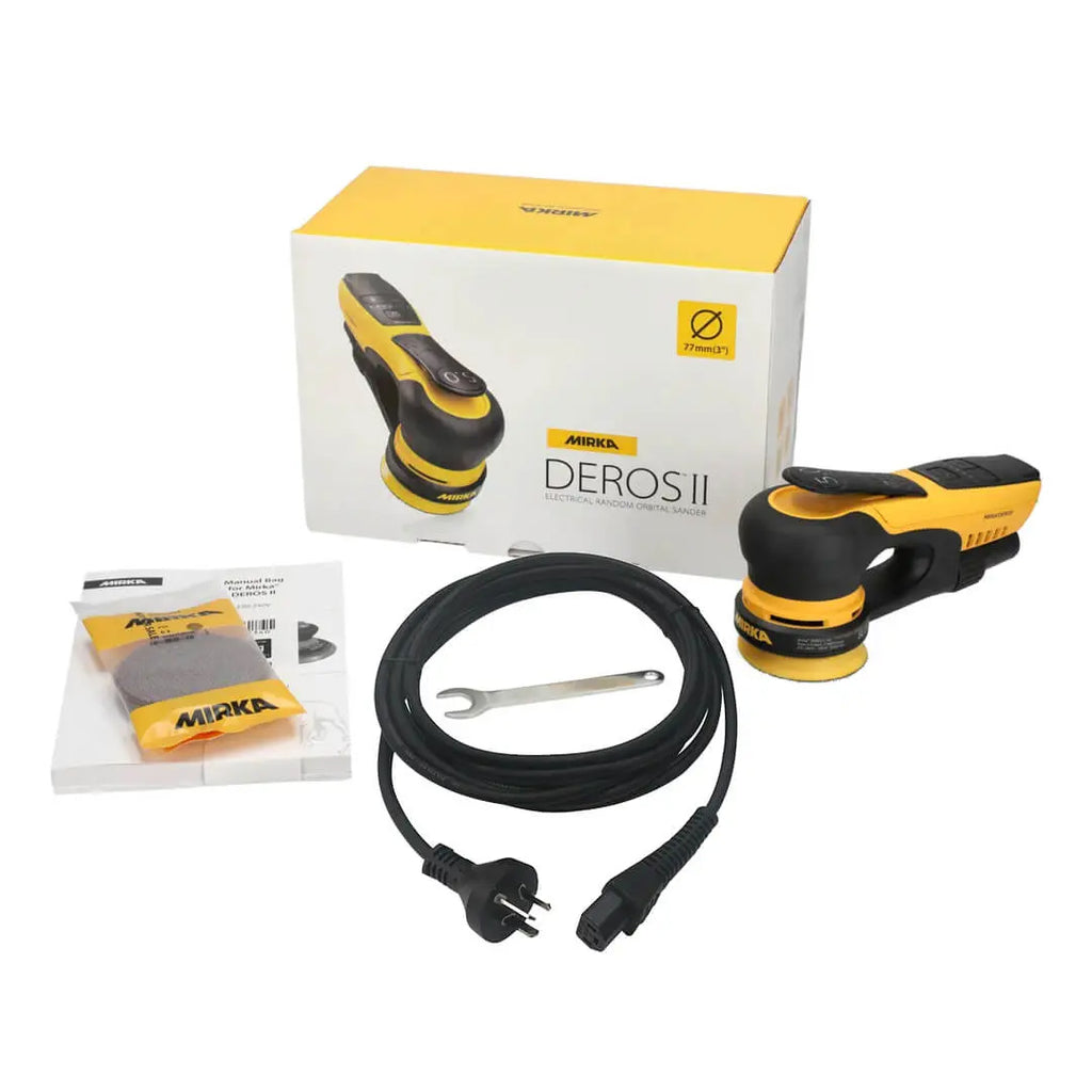 Mirka DEROS II 350CV 77mm kit with storage box, power cable, and adjustment wrench